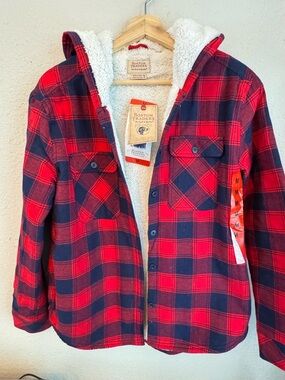 Boston Traders Womens Medium Red & Navy Plaid Sherpa-Lined Hooded Jacket Shacket